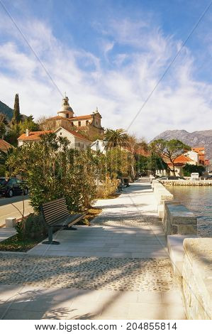 Embankment of coastal Prcanj town. Bay of Kotor Montenegro