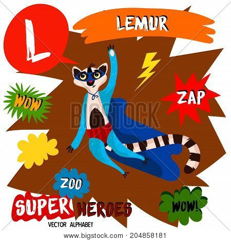 Super Big Set. Cute Vector Zoo Alphabet With Animals In Cartoon Style.letter L-lemur In Superheroes