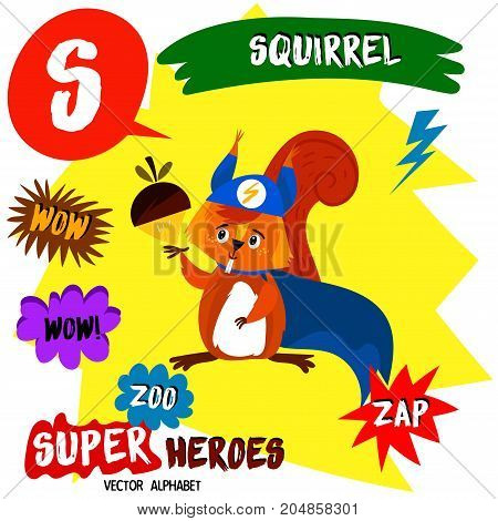 Super Big Set. Cute Vector Zoo Alphabet With Animals In Cartoon Style.letter S-squirrel In Superhero