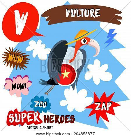 Super Big Set. Cute Vector Zoo Alphabet With Animals In Cartoon Style.letter V-vulture In Superheroe
