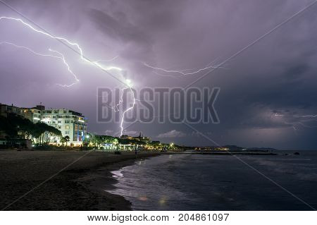 ALBANIA. Thunderstorm and lightning at the resort place Golem on the Adriatic coast.