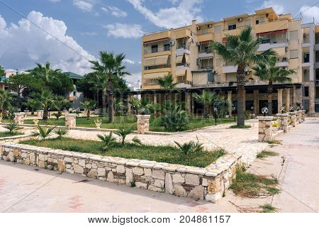 ALBANIA GOLEM- September 20 2015: Guest house with balconies for holidaymakers on the Adriatic coast in the resort place Golem