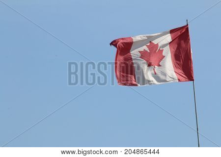 Canada Flag blowing in the wind on flag pole