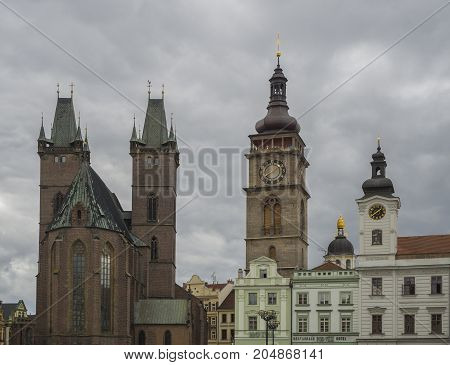 City Centre Hradec Kralove Panorama Town Hall And Gothic Cathedral With Two Towers  With Clock In Bi