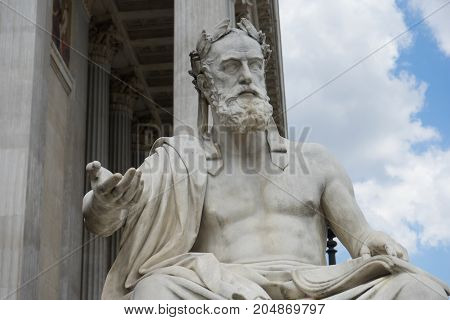Portrait Of The Stone Statue Of Greek Philosopher Xenophon In Front Of The Austrian Parliament In Vi