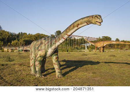 Minsk Belarus - September 17 2017: dinosaur in dinopark. Amusement park with dinosaurs.