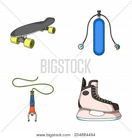 Skateboard, oxygen tank for diving, jumping, hockey skate.Extreme sport set collection icons in cartoon style vector symbol stock illustration .