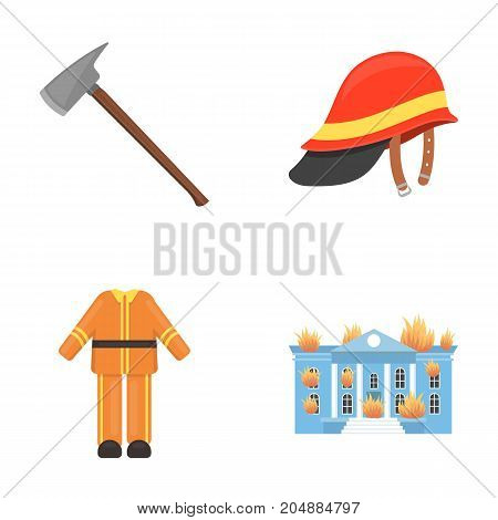 Ax, helmet, uniform, burning building. Fire departmentset set collection icons in cartoon style vector symbol stock illustration .