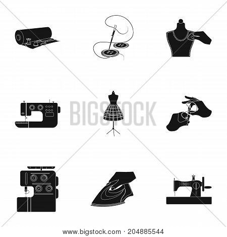 coil with thread, sewing machine, fabric and other equipment. Sewing and equipment set collection icons in black style vector symbol stock illustration .