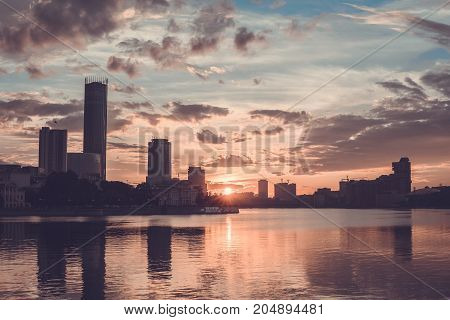 Yekaterinburg City Center On Sunset. City Pond View, Amazing Clouds And Sky. High Buildings, Skyscra