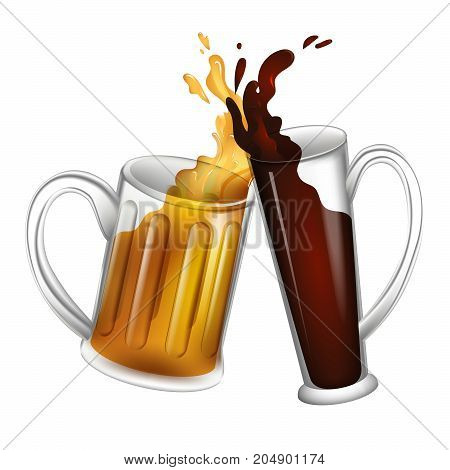 Illustration of two beer mugs for International beer day. Transparent object for alchohol festival.