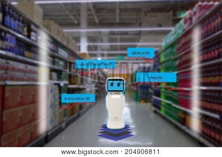 smart retail concept robot service use for check the data of or Stores that stock goods on shelves with easily-viewed barcode and prices or photo compared against an idealized representation of store