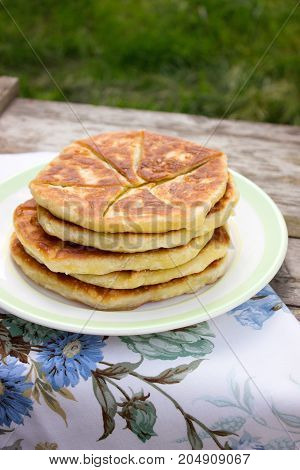 Traditional homemade Romanian and Moldovan pies - Placinta. Rustic style, selective focus.