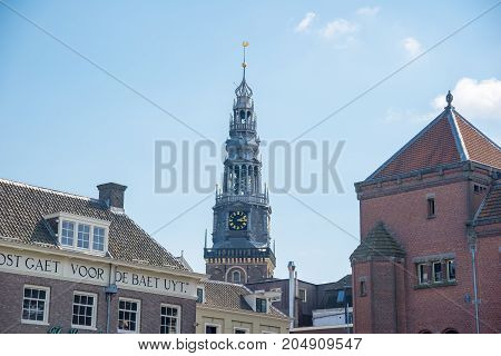 Tower of the old church in the center of Amsterdam, Netherlands.