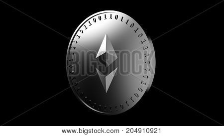 Silver coin with the symbol of the digital crypto currency Ethereum and binary code isolate on a black background 3D rendering