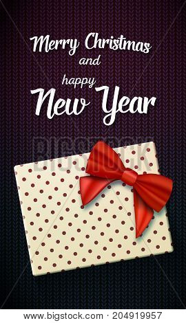 Illustration of Marry Christmas Greeting Card. Vector Realistic Gift Box with Red Ribbon on Kneeted Pattern with Marry Christmas and Happy New Year Paper Lettering
