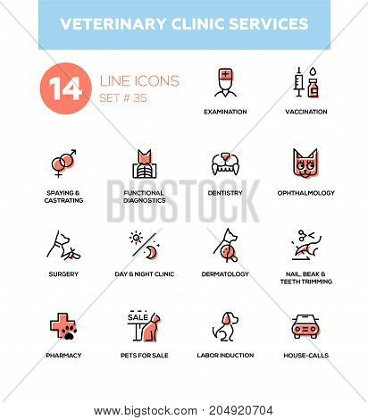 Veterinary clinic services - modern vector single line icons set. Examination, vaccination, spaying, diagnostics, dentistry, ophthalmology, surgery, day, night, dermatology, nail, trimming, pharmacy