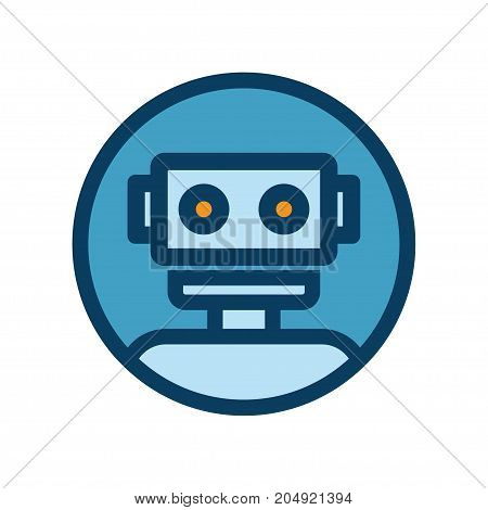 Chat bot icon. Outline robot sign in blue circle. Vector illustration. Voice support service bot. Virtual online support