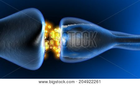 Neurotransmission in the Synapse. 3D rendered animation.