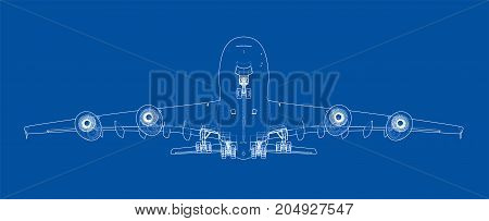 Passenger aircraft. Vector rendering of 3d. Wire-frame style. The layers of visible and invisible lines are separated