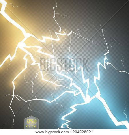 Collision of two forces with gold and blue light. Vector illustration. Hot and cold sparkling power. Energy lightning with electric discharge isolated on transparent background. Vector