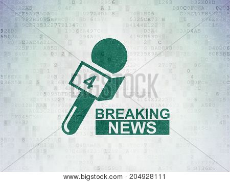 News concept: Painted green Breaking News And Microphone icon on Digital Data Paper background