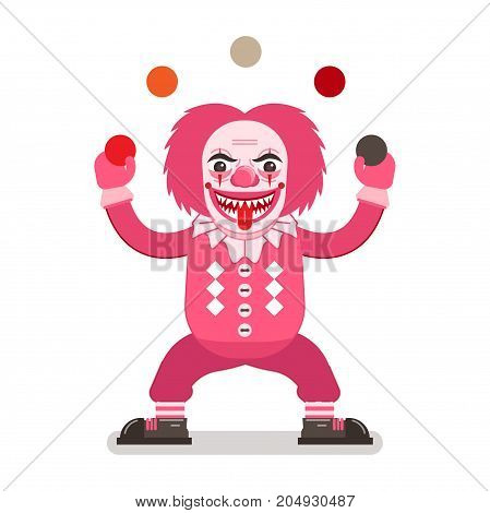 Scary Halloween clown in pink costume, sharp teeth and tongue out juggling balls