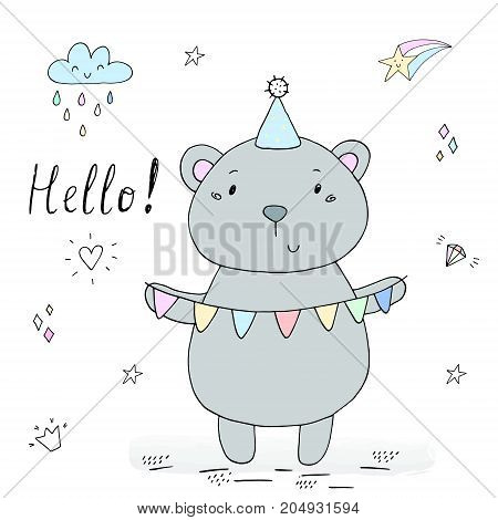 vector card with cute hand drawn bear. vector print.