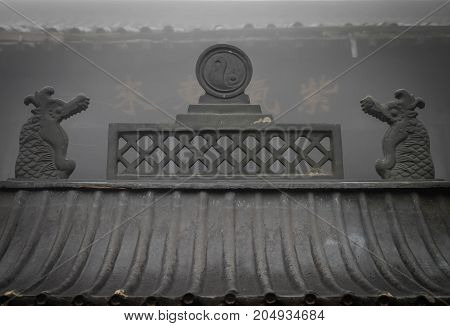 SEP 092017 .HUBEI CHINA The monastry in Wudang Shan Mountain. the figure on the roof and it exquisite. This here is one of famous in China