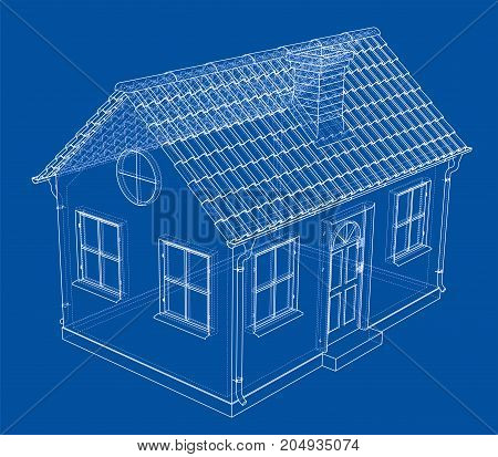 A small house with shingles roof. Vector rendering of 3d. Wire-frame style. The layers of visible and invisible lines are separated