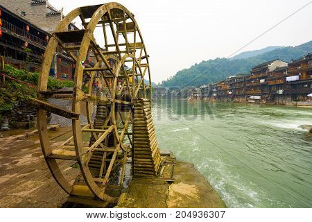 Fenghuang Wood Water Wheel Riverside Houses View