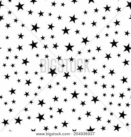 Black Stars Seamless Pattern On White Background. Cool Endless Random Scattered Black Stars Festive
