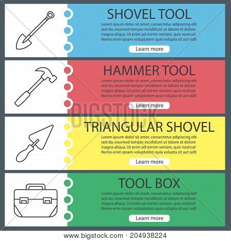 Construction tools web banner templates set. Spade, hammer, triangular shovel, tool box. Website color menu items with linear icons. Vector headers design concepts