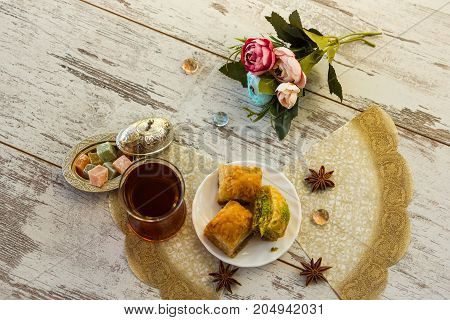Traditional Glass Of Turkish Tea Top View