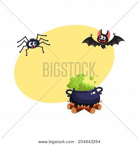Caldron, bat and spider, traditional Halloween symbols, elements, cartoon vector illustration with space for text. Cartoon style Halloween caldron with green potion, flying bat and spider