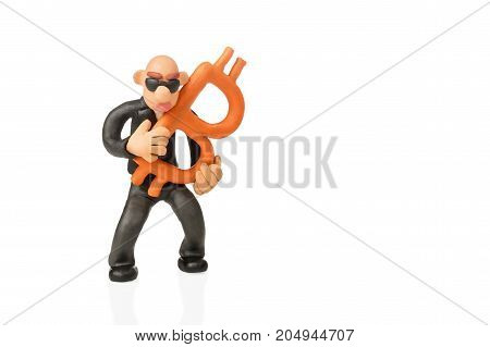Bald plasticine swindler in glasses holds bitcoin isolated on white background