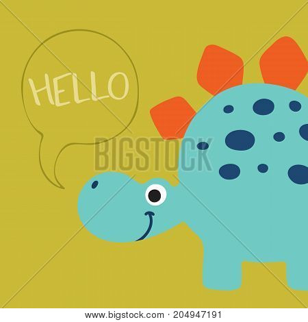 Cute cartoon dino illustration with hello speech booble