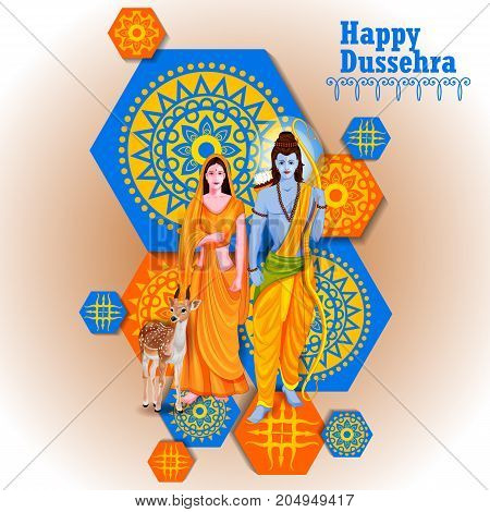 easy to edit vector illustration of Lord Rama and Sita in Happy Dussehra background showing festival of India