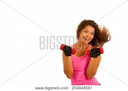 Active Young Fit Woman Workout With Dubbells Isolated Over White Background