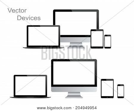 Black gadgets and devices on white background. Realistic vector illustration for graphic and web design