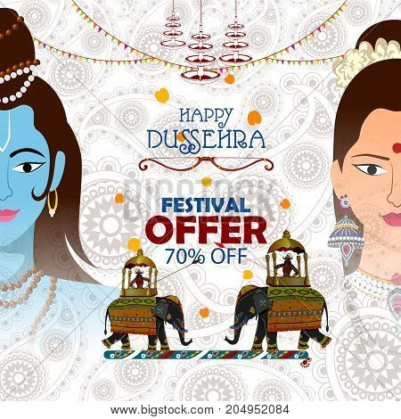 easy to edit vector illustration of Lord Rama and Sita in Happy Dussehra Offer promotion background showing festival of India