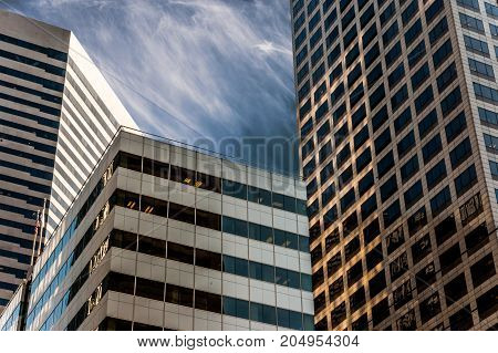 Looking Up To The Modern Office Buildings In Seattle, Usa