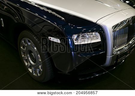 Sankt-Petersburg Russia July 21 2017: Front view of a Luxury car Rolls-Royce Phantom. Rolls-Royce Motor Cars Limited global manufacturer of luxury cars. Photo Taken on Royal Auto Show July 21