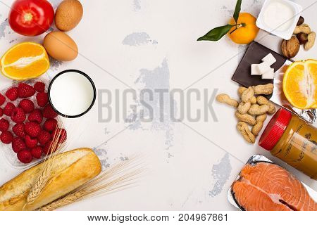 Allergy food concept. Food background, space for text
