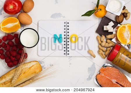 Allergy food concept. Food background, space for text