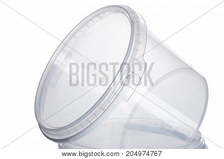 Transparent plastic bucket with transparent lid plastic containers on white background food plastic box isolated on white product packaging for foodstuff or paints adhesives sealants primers
