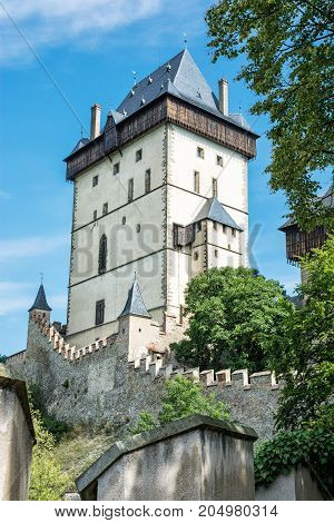 Karlstejn is a large gothic castle founded 1348 by Charles IV in Czech republic. Ancient architecture. Travel destination.