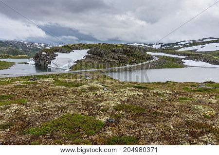 Mountain landscape along the National tourist route Aurlandstjellet. Flotane. Bjorgavegen. Western Norway