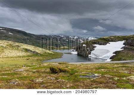 Mountain landscape along the National tourist route Aurlandstjellet. Flotan. Bjorgavegen. Western Norway