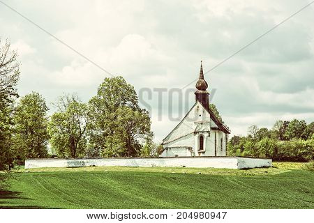 Chapel of Our Mother God near Veveri castle Moravia Czech republic. Religious architecture. Travel destination. Beauty photo filter.
